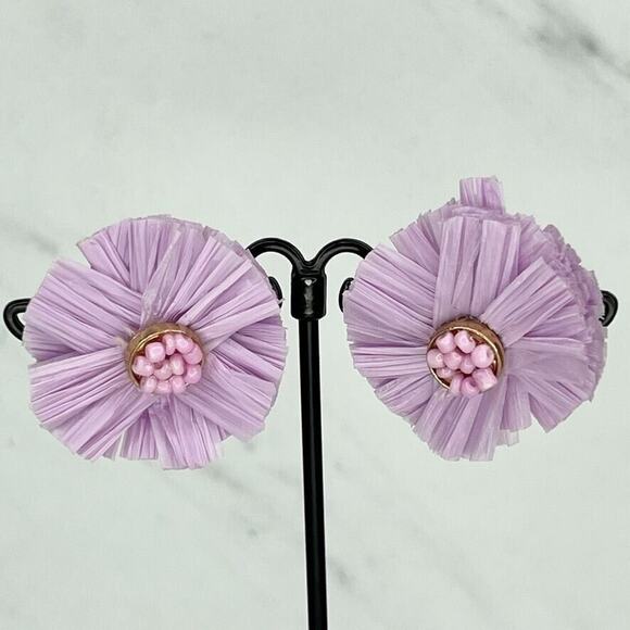 Purple Beaded Straw Flower Post Stud Earrings Pierced Pair - Picture 1 of 4